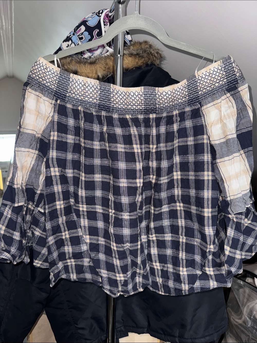 LOFT Navy and Cream Plaid Off-Shoulder Blouse